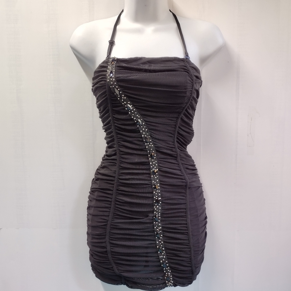 NEW Tube Strapless Stretch Bodycon Mini Dress Ruched Rhinestones S
